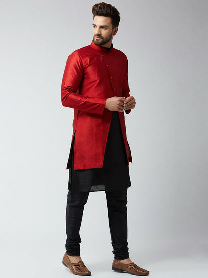 Men’s Maroon & Black Self-Design Sherwani Set – Achkan & Churidar | Indiaista