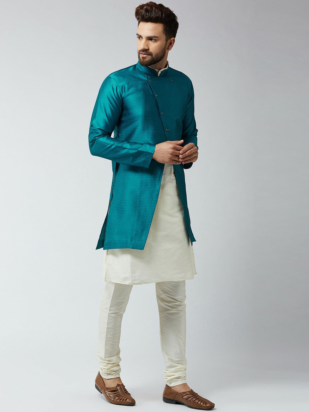 Men’s Off-White & Peacock Blue Self-Design Sherwani Set – Elegant Ethnic Wear | Indiaista