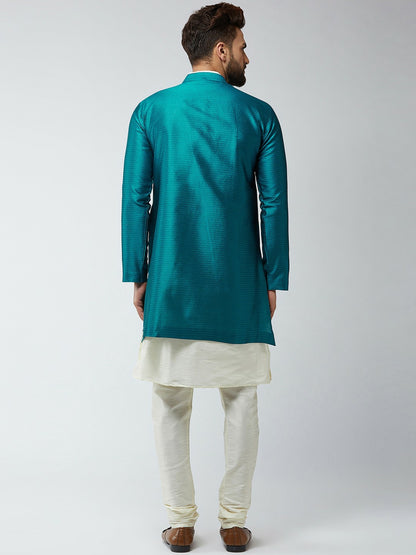 Men’s Off-White & Peacock Blue Self-Design Sherwani Set – Elegant Ethnic Wear | Indiaista