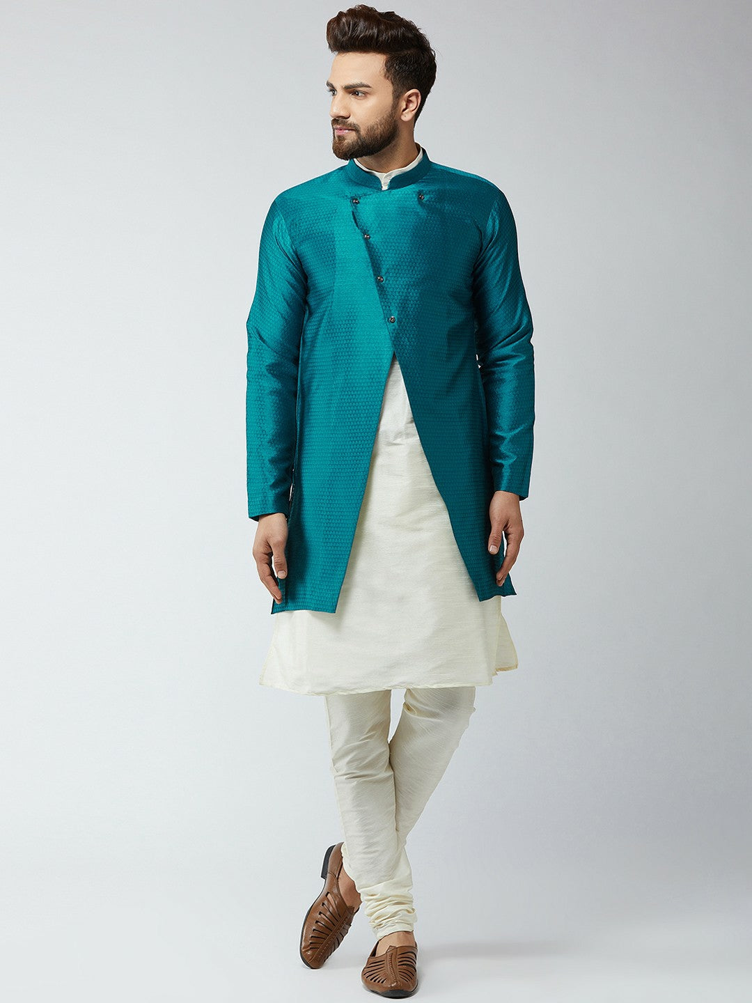 Men’s Off-White & Peacock Blue Self-Design Sherwani Set – Elegant Ethnic Wear | Indiaista