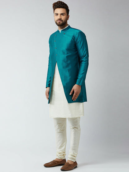 Men’s Off-White & Peacock Blue Self-Design Sherwani Set – Elegant Ethnic Wear | Indiaista