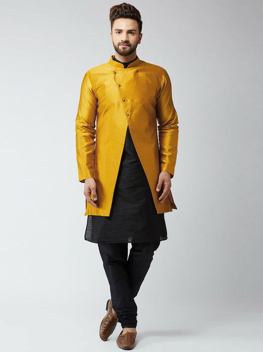 Men’s Black & Mustard Self-Design Sherwani Set – Elegant Achkan & Churidar | Indiaista