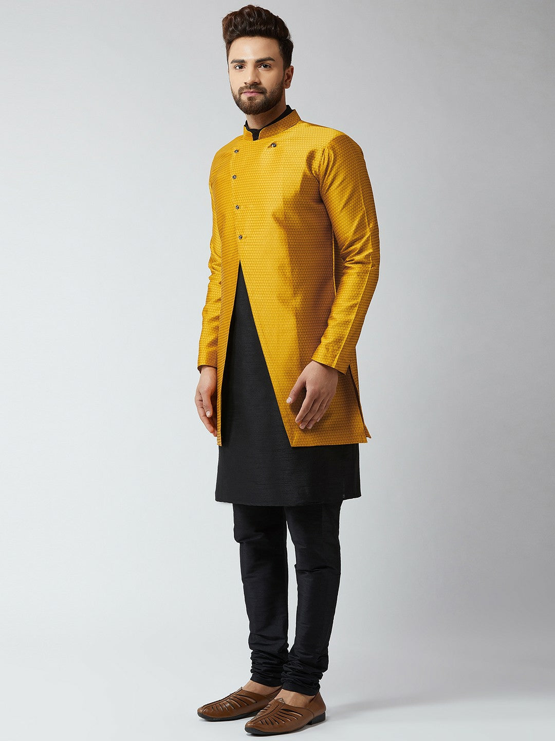 Men’s Black & Mustard Self-Design Sherwani Set – Elegant Achkan & Churidar | Indiaista