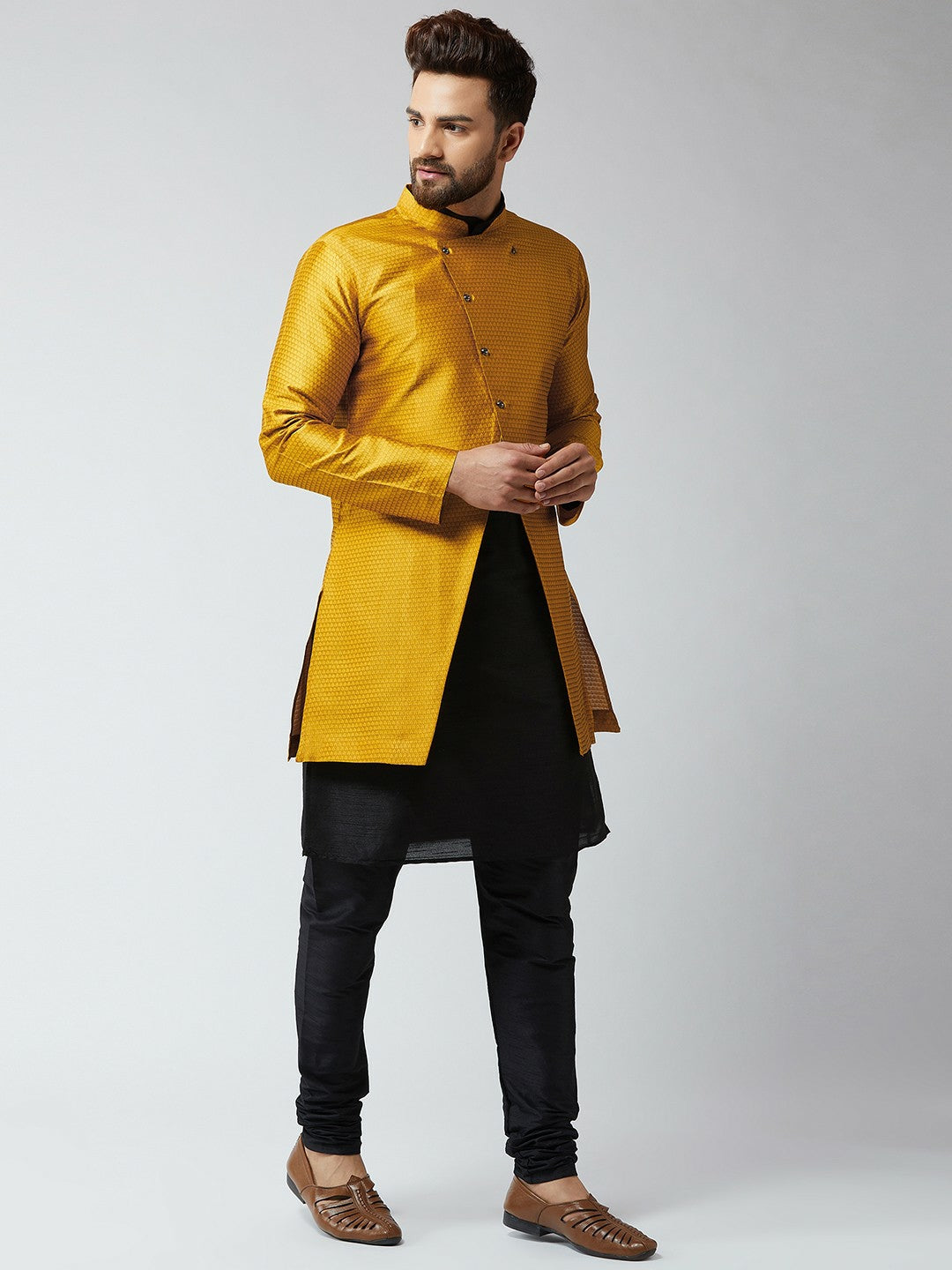 Men’s Black & Mustard Self-Design Sherwani Set – Elegant Achkan & Churidar | Indiaista