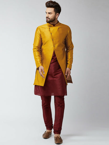 Men's Maroon & Mustard Yellow Self-Design Sherwani Set with Achkan – Elegant Ethnic Wear | Indiaista