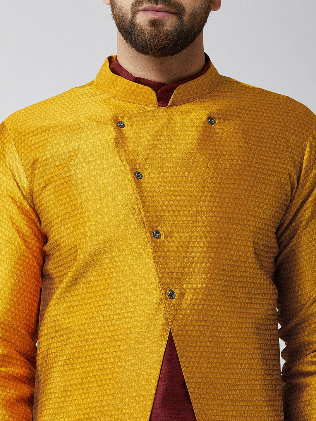 Men's Maroon & Mustard Yellow Self-Design Sherwani Set with Achkan – Elegant Ethnic Wear | Indiaista