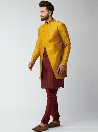 Men's Maroon & Mustard Yellow Self-Design Sherwani Set with Achkan – Elegant Ethnic Wear | Indiaista