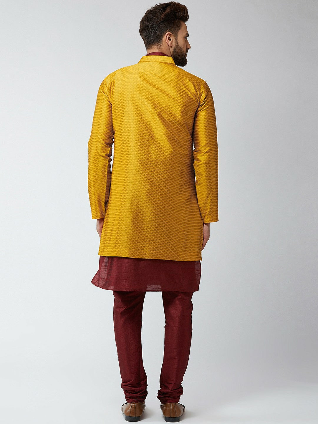 Men's Maroon & Mustard Yellow Self-Design Sherwani Set with Achkan – Elegant Ethnic Wear | Indiaista