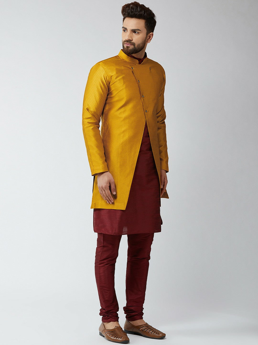 Men's Maroon & Mustard Yellow Self-Design Sherwani Set with Achkan – Elegant Ethnic Wear | Indiaista