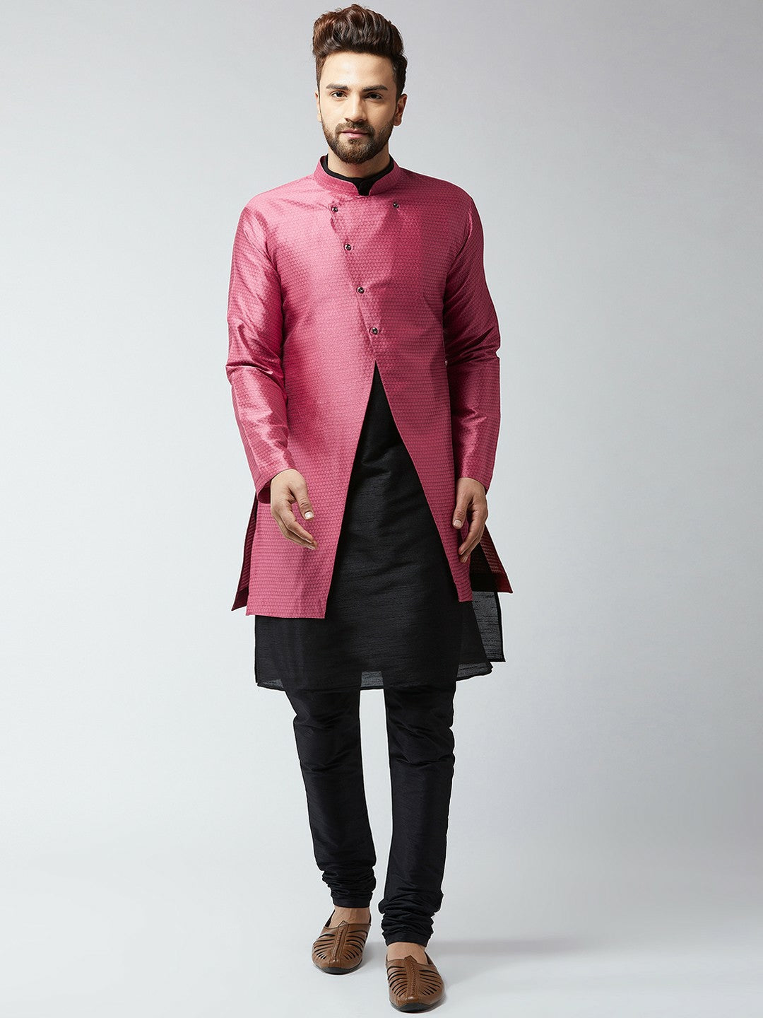 Men’s Black & Pink Self-Design Sherwani Set – Elegant Ethnic Wear | Indiaista