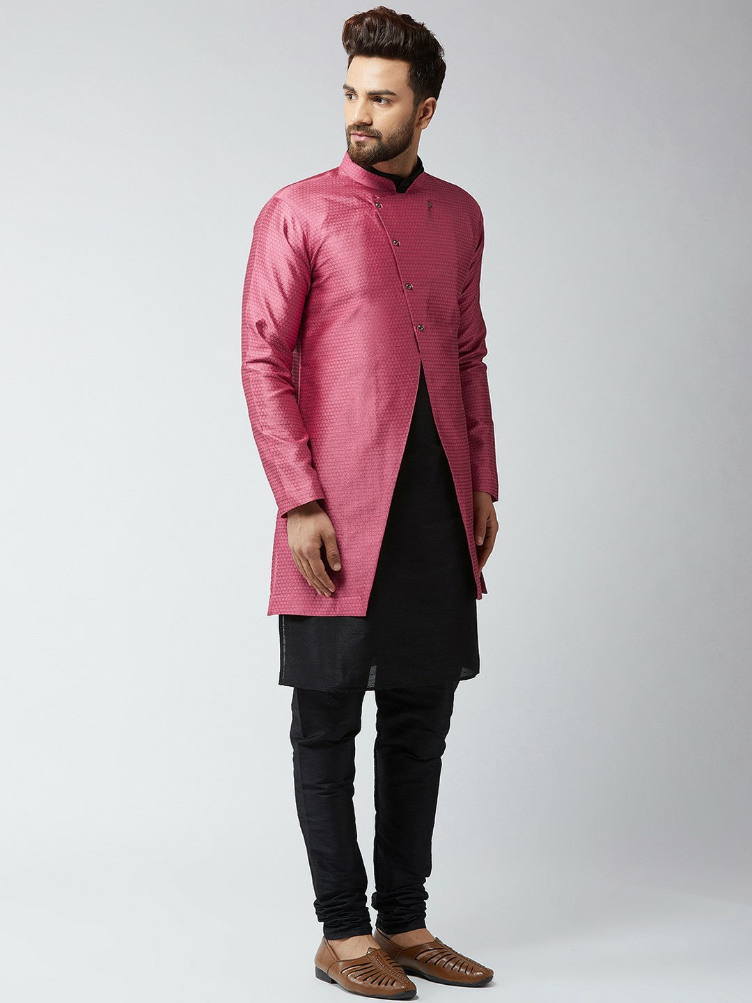 Men’s Black & Pink Self-Design Sherwani Set – Elegant Ethnic Wear | Indiaista