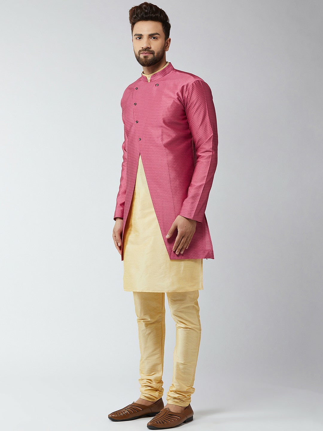 Men’s Gold-Toned & Pink Sherwani Set – Elegant Indian Wedding Wear | Indiaista