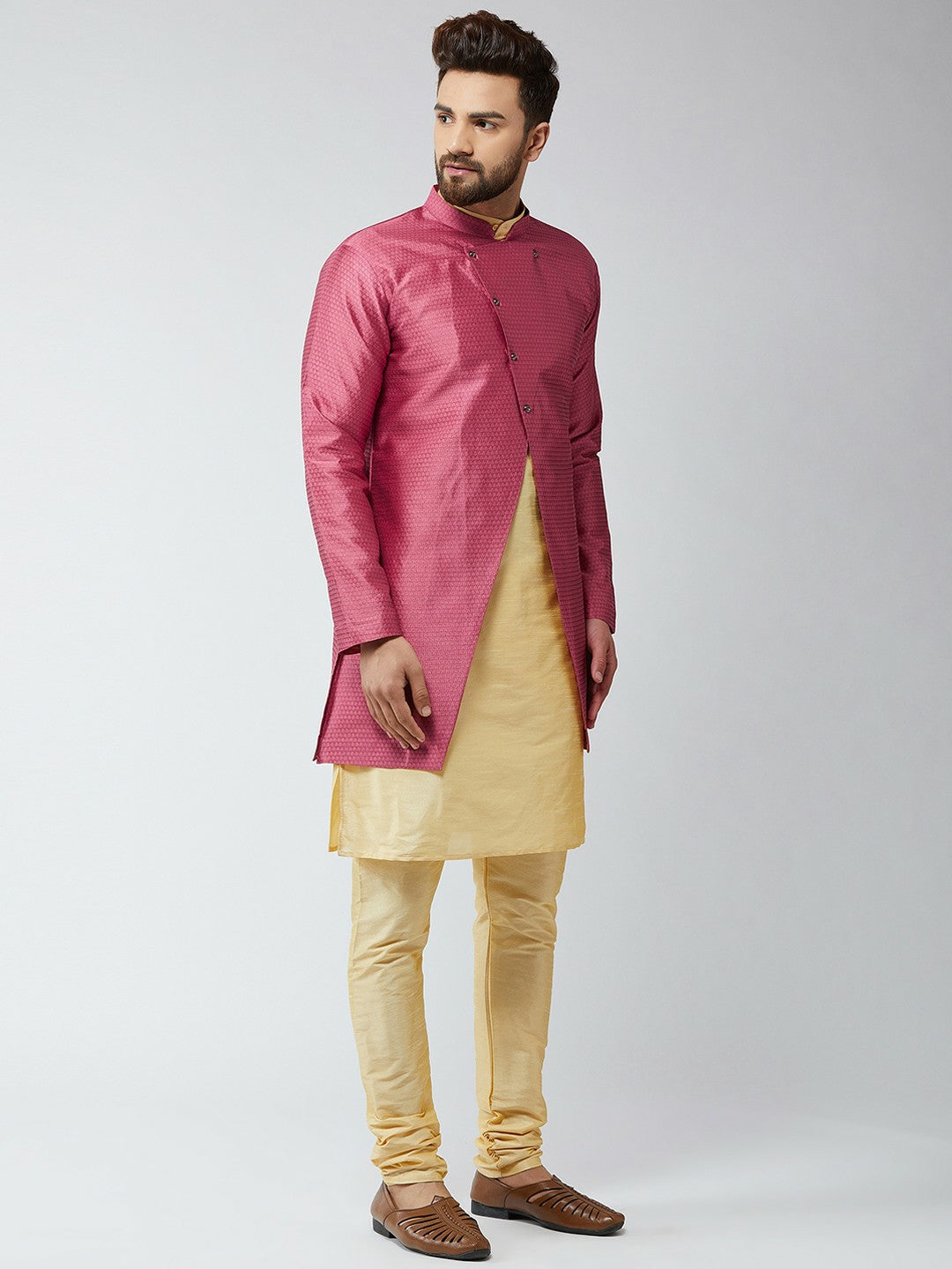 Men’s Gold-Toned & Pink Sherwani Set – Elegant Indian Wedding Wear | Indiaista