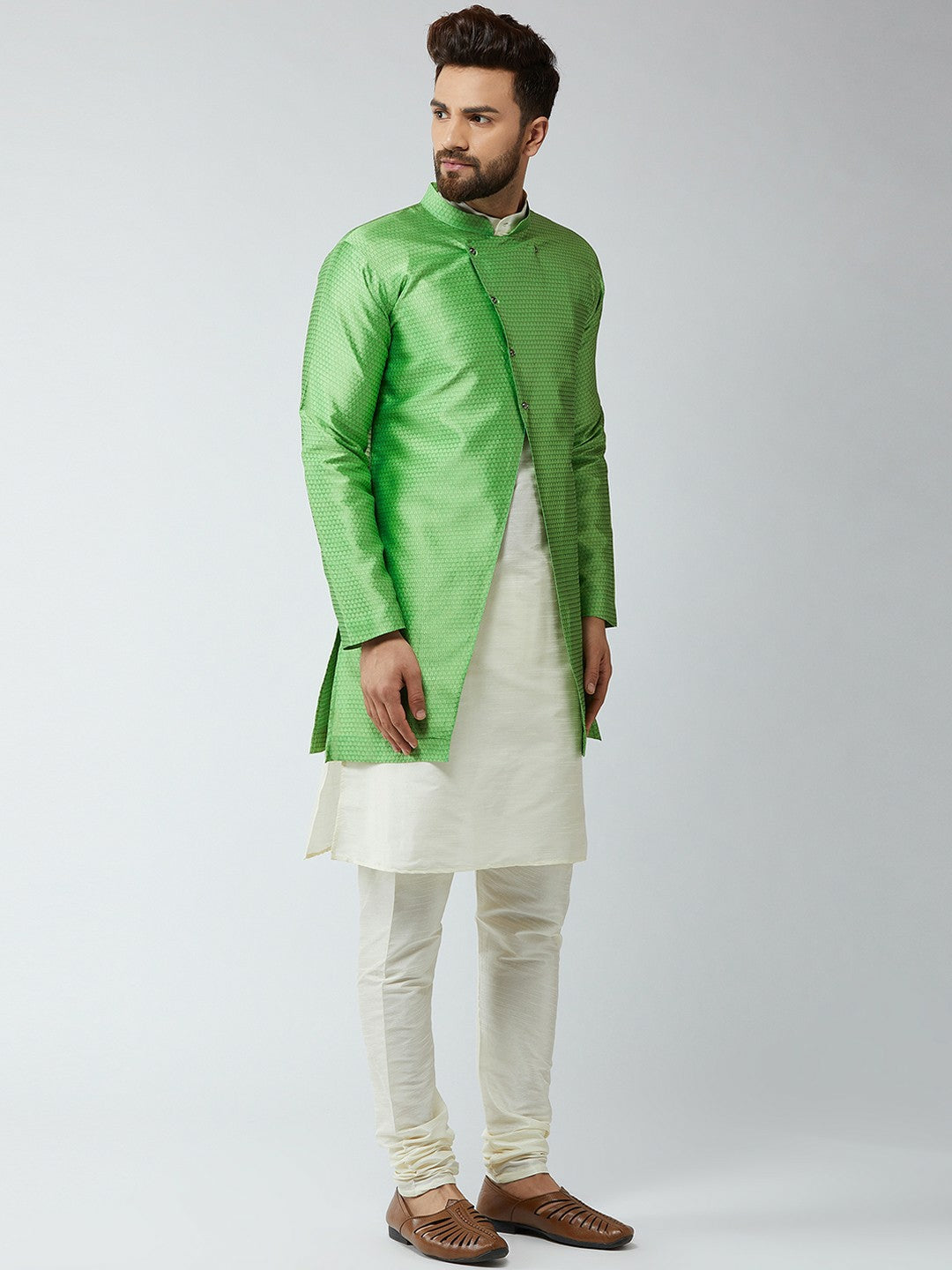 Men's Off White & Green Self-Design Sherwani Set – Traditional Indian Wedding Outfit