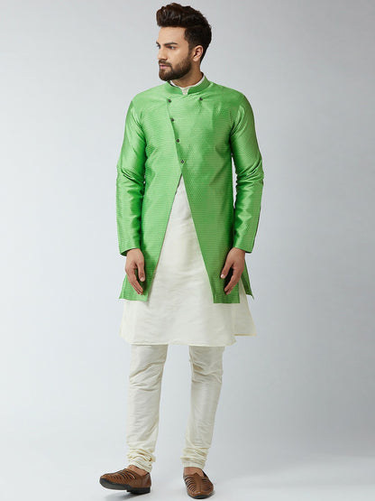 Men's Off White & Green Self-Design Sherwani Set – Traditional Indian Wedding Outfit