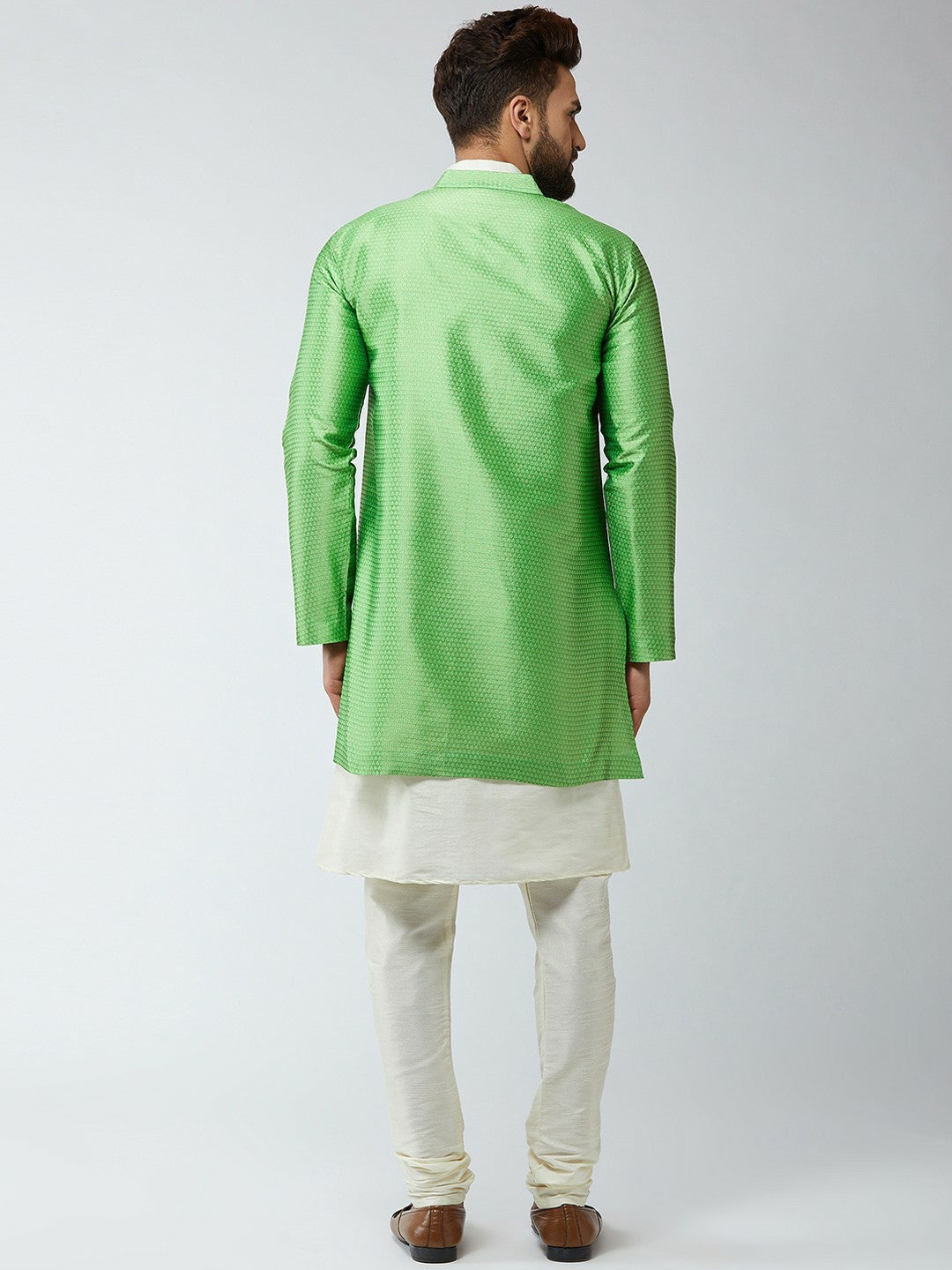 Men's Off White & Green Self-Design Sherwani Set – Traditional Indian Wedding Outfit