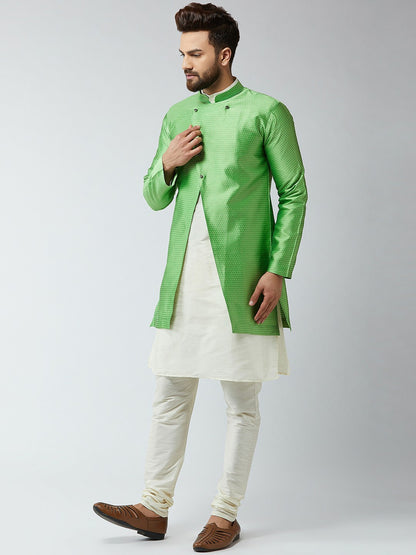 Men's Off White & Green Self-Design Sherwani Set – Traditional Indian Wedding Outfit