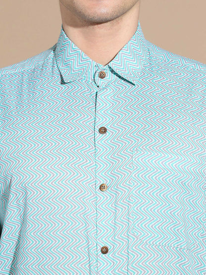 Buy Blue Opaque Casual Shirt for Men – Smart Cutaway Collar Chevron Printed Cotton Shirt