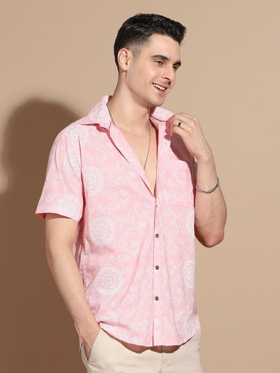 Buy Pink Opaque Casual Shirt for Men – Smart Floral Printed Cotton Shirt | Indiaista