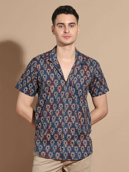 Navy Blue Cotton Casual Shirt for Men | Ethnic Motif Print | Smart Cutaway Collar