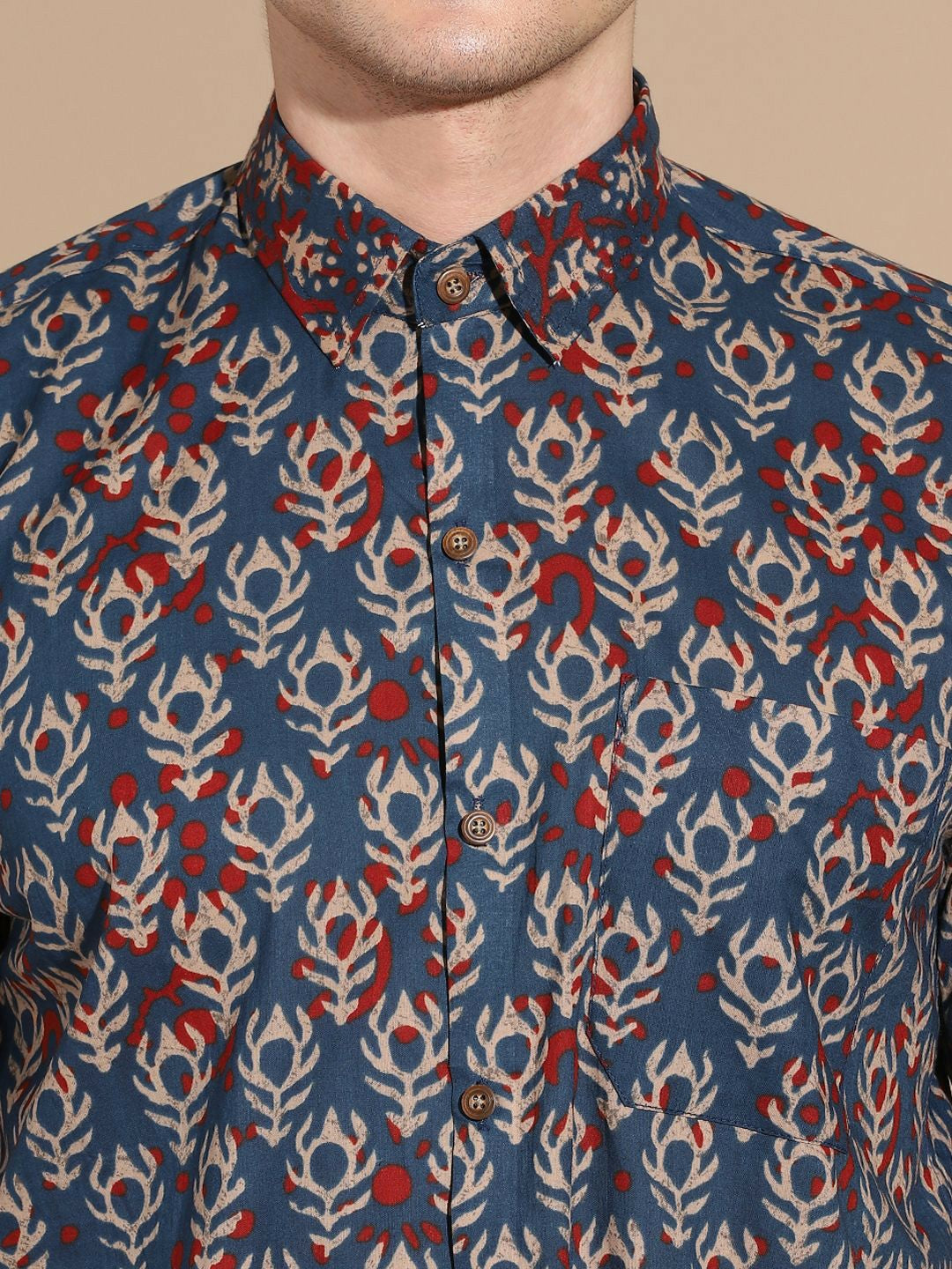 Navy Blue Cotton Casual Shirt for Men | Ethnic Motif Print | Smart Cutaway Collar