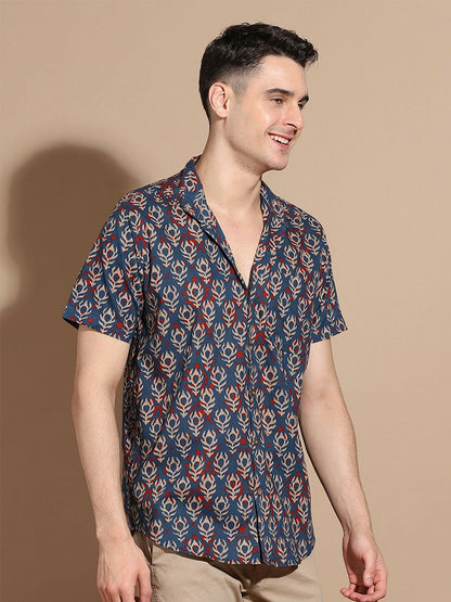 Navy Blue Cotton Casual Shirt for Men | Ethnic Motif Print | Smart Cutaway Collar