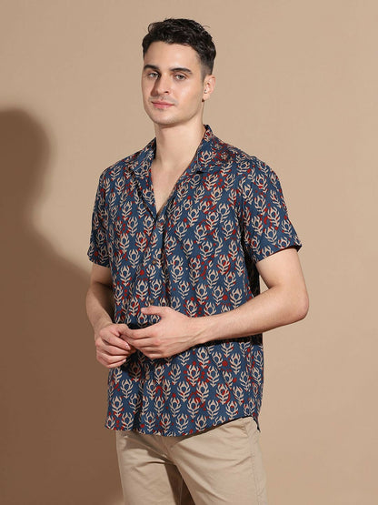 Navy Blue Cotton Casual Shirt for Men | Ethnic Motif Print | Smart Cutaway Collar