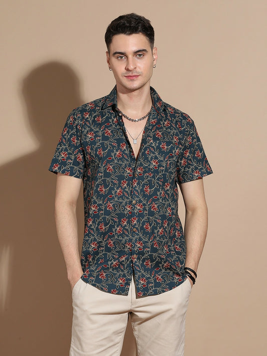 Buy Green Opaque Casual Shirt for Men – Smart Floral Printed Cotton Shirt | Indiaista