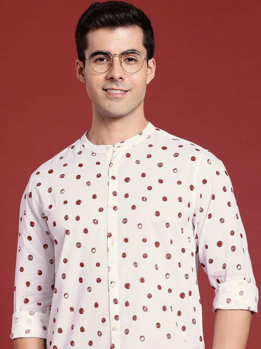 White Geometric Printed Pure Cotton Casual Shirt for Men – Stylish & Comfortable | Indiaista