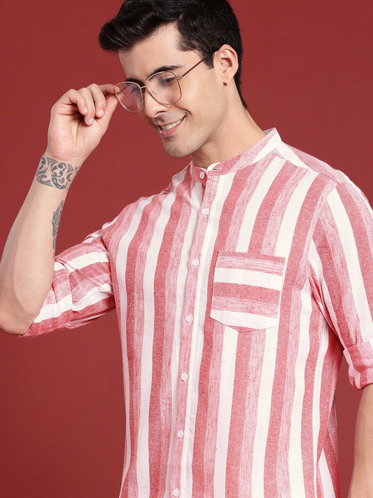 Buy Horizontal Striped Band-Collar Casual Shirt for Men - Pink & White | Indiaista