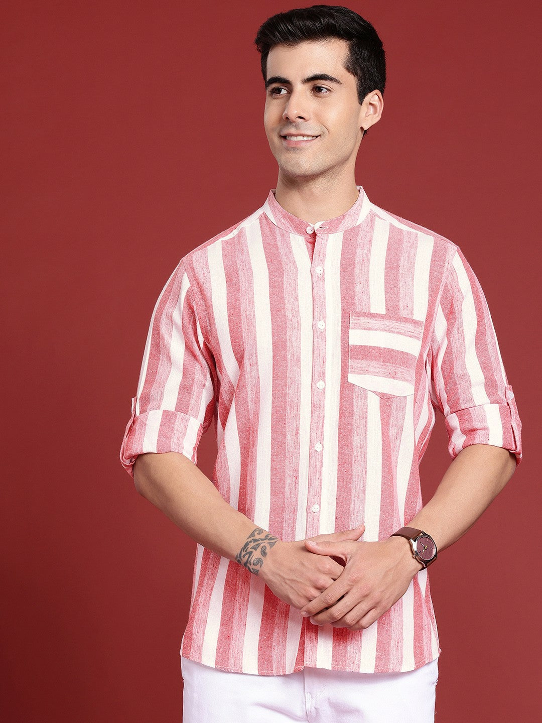 Buy Horizontal Striped Band-Collar Casual Shirt for Men - Pink & White | Indiaista