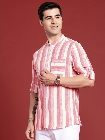 Buy Horizontal Striped Band-Collar Casual Shirt for Men - Pink & White | Indiaista