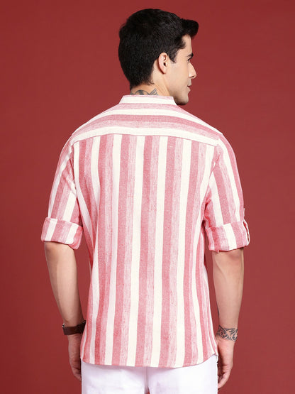 Buy Horizontal Striped Band-Collar Casual Shirt for Men - Pink & White | Indiaista