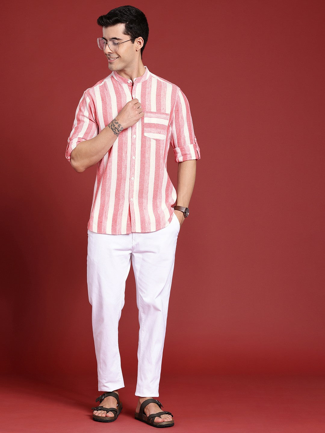 Buy Horizontal Striped Band-Collar Casual Shirt for Men - Pink & White | Indiaista