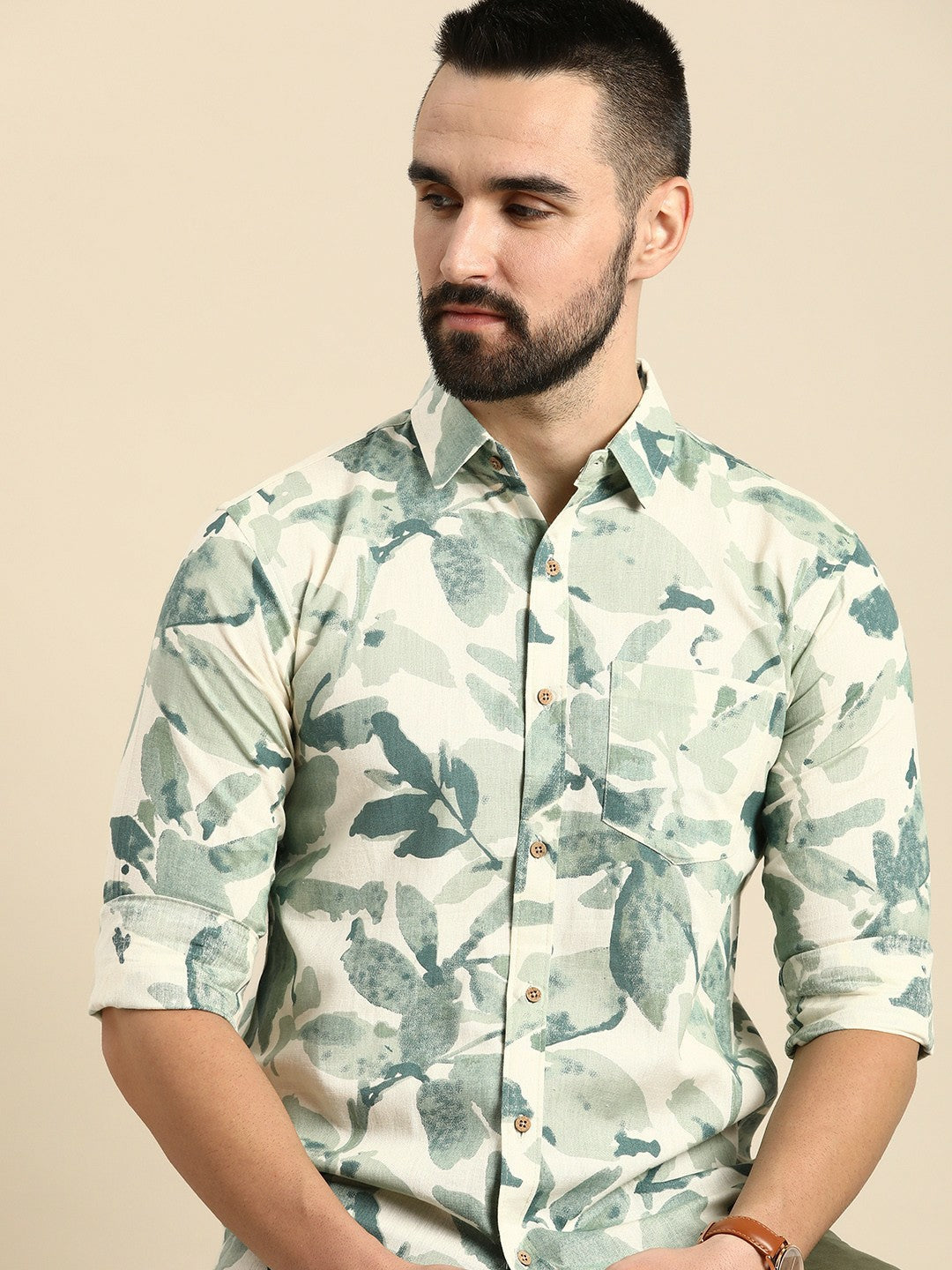 Sea Green Floral Printed Pure Cotton Casual Shirt for Men – Relaxed Fit | Indiaista