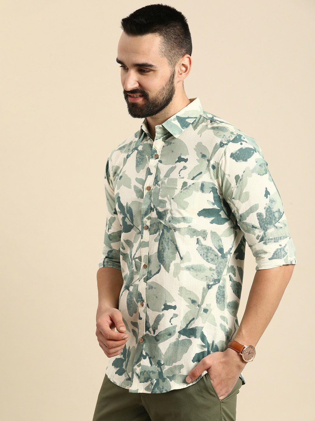 Sea Green Floral Printed Pure Cotton Casual Shirt for Men – Relaxed Fit | Indiaista