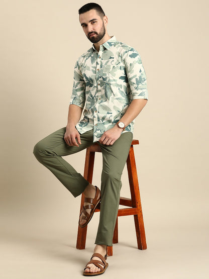 Sea Green Floral Printed Pure Cotton Casual Shirt for Men – Relaxed Fit | Indiaista