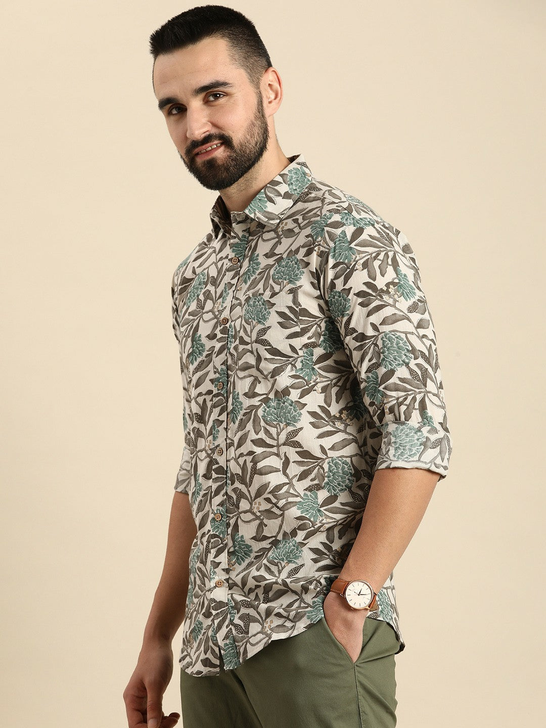 Buy Grey Floral Printed Pure Cotton Casual Shirt for Men – Relaxed Fit | Indiaista