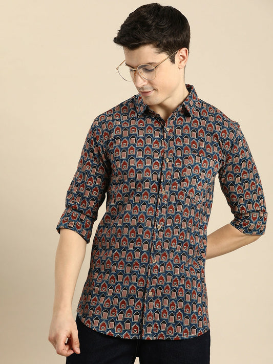 Buy Navy Blue Conversational Printed Cotton Casual Shirt for Men – Relaxed Fit | Indiaista