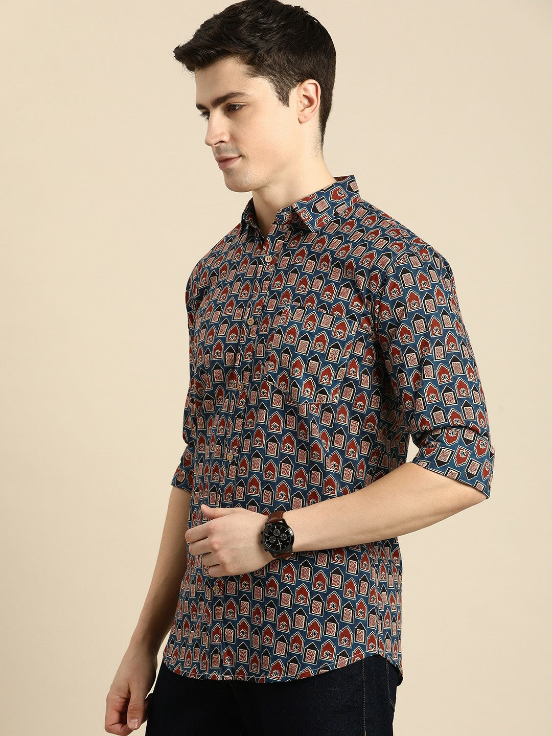 Buy Navy Blue Conversational Printed Cotton Casual Shirt for Men – Relaxed Fit | Indiaista