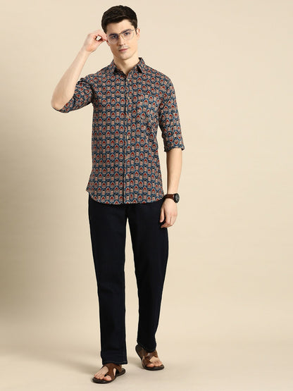 Buy Navy Blue Conversational Printed Cotton Casual Shirt for Men – Relaxed Fit | Indiaista