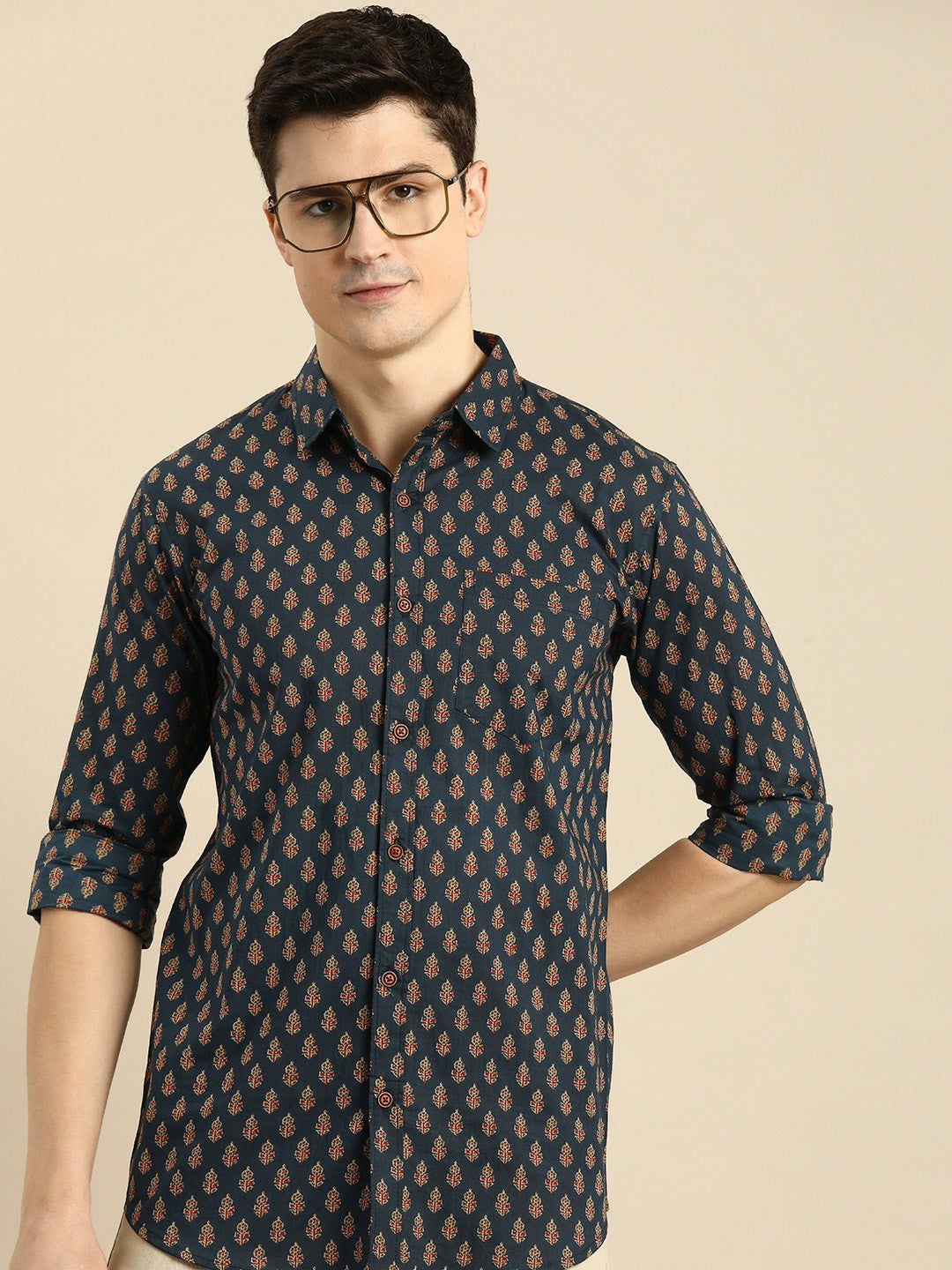 Buy Navy Blue Floral Printed Pure Cotton Casual Shirt for Men – Relaxed Fit | Indiaista