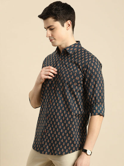 Buy Navy Blue Floral Printed Pure Cotton Casual Shirt for Men – Relaxed Fit | Indiaista