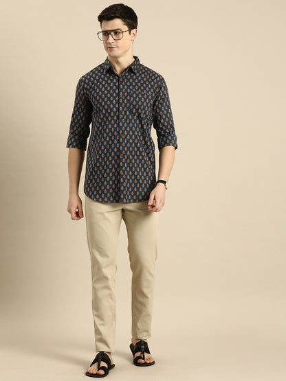 Buy Navy Blue Floral Printed Pure Cotton Casual Shirt for Men – Relaxed Fit | Indiaista