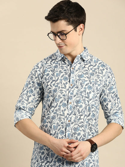 Buy Men’s Relaxed Floral Printed Pure Cotton Casual Shirt - White | Indiaista