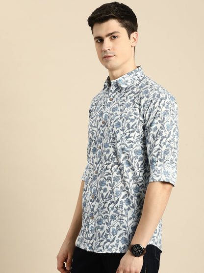 Buy Men’s Relaxed Floral Printed Pure Cotton Casual Shirt - White | Indiaista