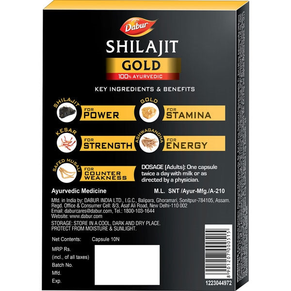 Dabur Shilajit Gold Capsules 10's - Ayurvedic Stamina & Vitality Booster | Shilajit, Ashwagandha, Swarna Bhasma