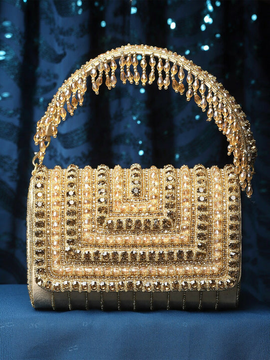 Nude & Gold Embellished Envelope Clutch – Elegant Handbag with Wrist Loop & Button Closure