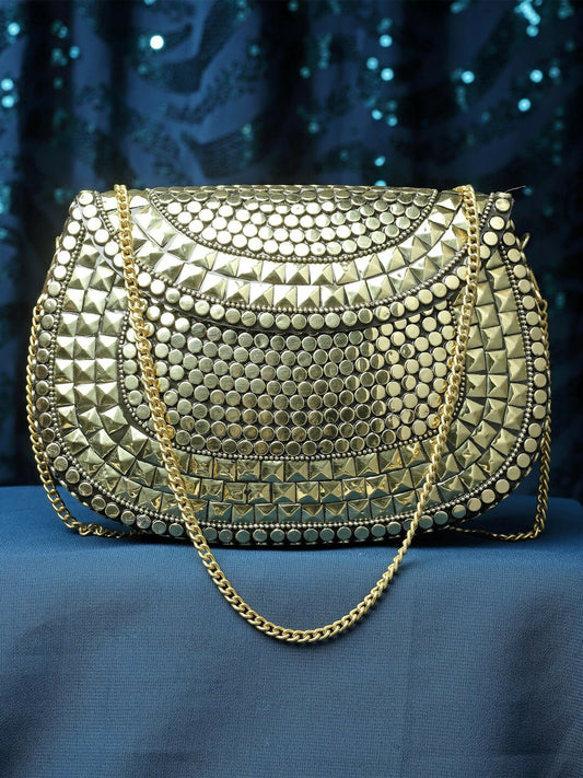 Gold-Toned Embellished Box Clutch – Elegant Evening Handbag with Shoulder Strap & Metal Click Closure