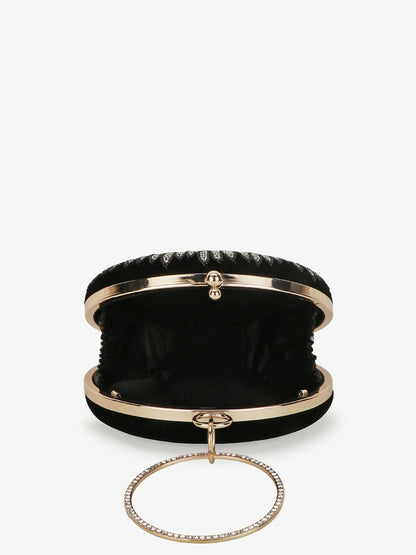 Black & Gold Embroidered Box Clutch with Buckle Detail – Elegant Evening Handbag